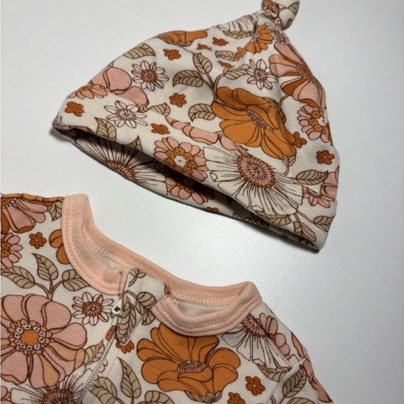 Floral Infant One Piece in Orange and Pink with Matching Hat - Picture 4 of 8